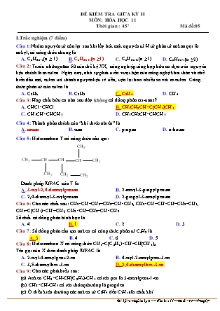 Đề kiểm tra giữa học kỳ II môn Hóa học Lớp 11 - Mã đề 05