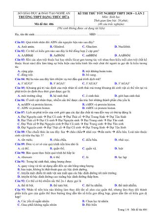 Đề thi môn Sinh học Lớp 12 - Kỳ thi thử tốt nghiệp THPT năm 2020 lần 2 - Mã đề 486 - Trường THPT Đặng Thúc Hứa
