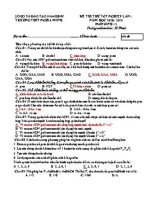 Đề thi thử tốt nghiệp lần 1 môn Sinh học Lớp 12 - Năm học 2020-2021 - Trường THPT Nghĩa Minh (Có đáp án)