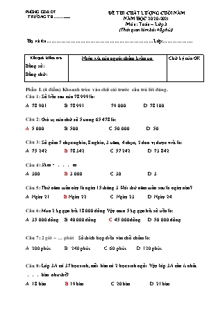 Đề thi chất lượng cuối năm môn Toán Lớp 3 - Năm học 2020-2021