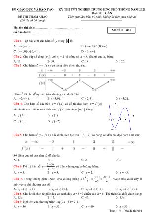 Đề thi tham khảo môn Toán Lớp 12 - Kỳ thi tốt nghiệp THPT năm 2021 - Mã đề 001