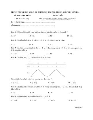 Đề thi thử môn Toán Lớp 12 - Kỳ thi THPT Quốc gia năm 2021