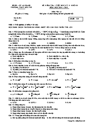 Đề kiểm tra 1 tiết môn Vật lý Khối 10 - Mã đề 210 - Học kỳ II - Năm học 2014-2015 - Trường THPT Đức Trí
