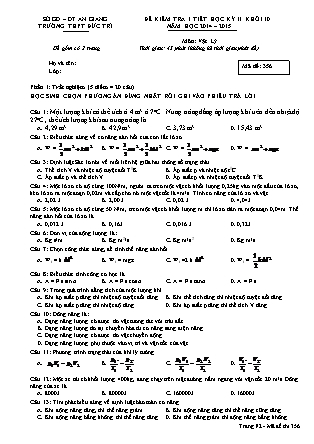 Đề kiểm tra 1 tiết môn Vật lý Khối 10 - Mã đề 356 - Học kỳ II - Năm học 2014-2015 - Trường THPT Đức Trí