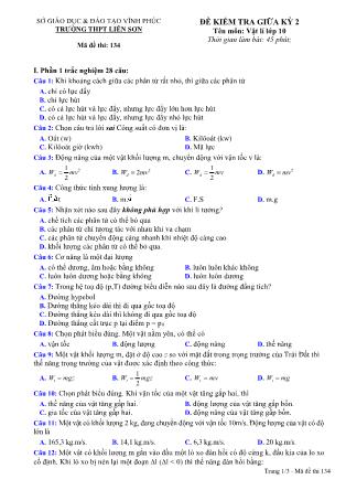 Đề kiểm tra giữa kỳ II môn Vật lý Lớp 10 - Mã đề 134 - Trường THPT Liễn Sơn