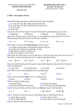 Đề kiểm tra giữa kỳ II môn Vật lý Lớp 10 - Mã đề 356 - Trường THPT Liễn Sơn