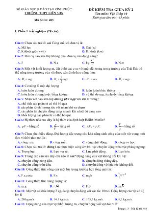 Đề kiểm tra giữa kỳ II môn Vật lý Lớp 10 - Mã đề 483 - Trường THPT Liễn Sơn