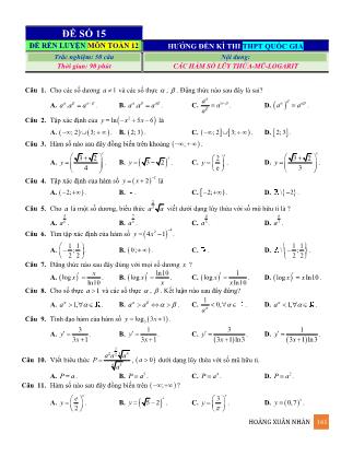 Đề rèn luyện ôn thi THPT Quốc gia môn Toán Lớp 12 - Đề số 15 - Hoàng Xuân Nhàn