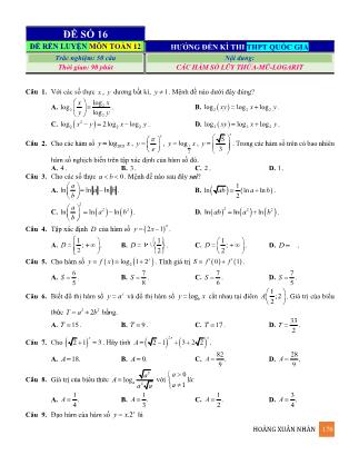 Đề rèn luyện ôn thi THPT Quốc gia môn Toán Lớp 12 - Đề số 16 - Hoàng Xuân Nhàn