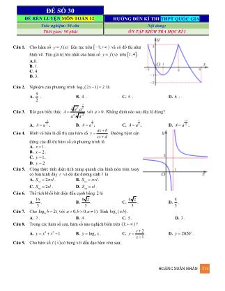 Đề rèn luyện ôn thi THPT Quốc gia môn Toán Lớp 12 - Đề số 30 - Hoàng Xuân Nhàn