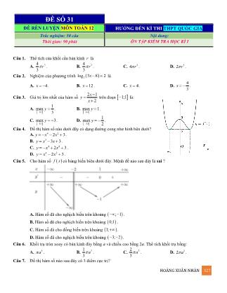 Đề rèn luyện ôn thi THPT Quốc gia môn Toán Lớp 12 - Đề số 31 - Hoàng Xuân Nhàn