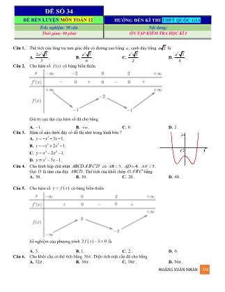 Đề rèn luyện ôn thi THPT Quốc gia môn Toán Lớp 12 - Đề số 34 - Hoàng Xuân Nhàn