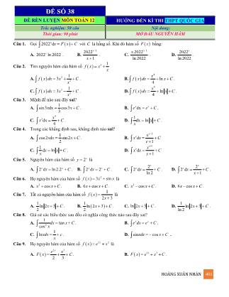 Đề rèn luyện ôn thi THPT Quốc gia môn Toán Lớp 12 - Đề số 38 - Hoàng Xuân Nhàn