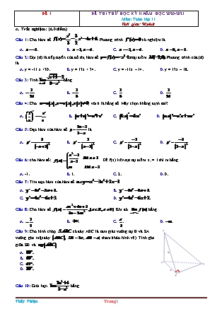 Đề thi thử học kỳ II môn Toán Lớp 11 - Năm học 2020-2021