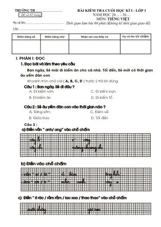 Bài kiểm tra cuối học kỳ I môn Tiếng Việt Lớp 1