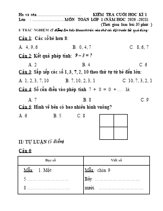 Bài kiểm tra cuối học kỳ I môn Toán Lớp 1 - Đề 1 - Năm học 2020-2021 (Có đáp án)
