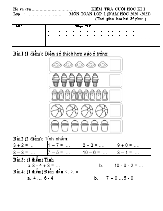 Bài kiểm tra cuối học kỳ I môn Toán Lớp 1 - Đề 2 - Năm học 2020-2021 (Có đáp án)