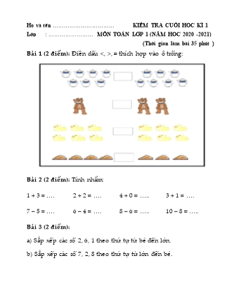 Bài kiểm tra cuối học kỳ I môn Toán Lớp 1 - Đề 6 - Năm học 2020-2021 (Có đáp án)