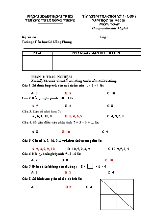 Bài kiểm tra cuối học kỳ I môn Toán Lớp 1 - Năm học 2019-2020 - Trường TH Lê Hồng Phong (Có đáp án)