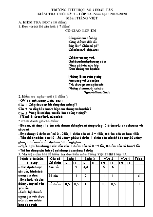 Bài kiểm tra cuối học kỳ II môn Toán + Tiếng Việt Lớp 1 - Năm học 2019-2020 - Trường TH Số 2 Hoài Tân (Có ma trận và đáp án)