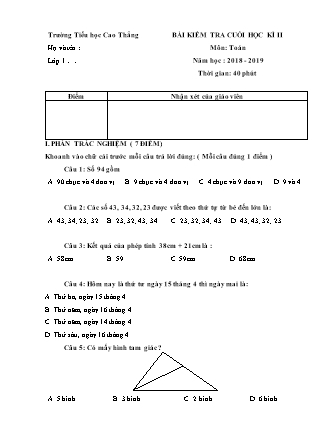 Bài kiểm tra cuối học kỳ II môn Toán + Tiếng Việt Lớp 1 - Năm học 2018-2019 - Trường TH Cao Thắng