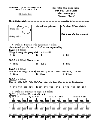 Bài kiểm tra cuối năm môn Toán và Tiếng Việt Lớp 2+3 - Trường TH Ba Trại