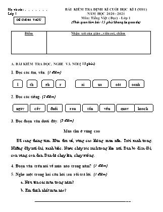 Bài kiểm tra định kỳ cuối học kỳ I môn Tiếng Việt + Toán Lớp 1 - Trường TH Thanh Quang