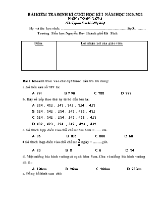 Bài kiểm tra định kỳ cuối học kỳ I môn Toán Lớp 3 - Năm học 2020-2021 (Có ma trận và đáp án)