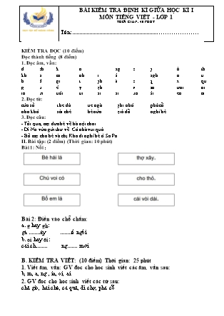 Bài kiểm tra định kỳ giữa học kỳ I môn Tiếng Việt Lớp 1