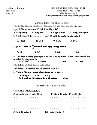 Bài kiểm tra giữa học kỳ II môn Toán Lớp 5 - Năm học 2020-2021