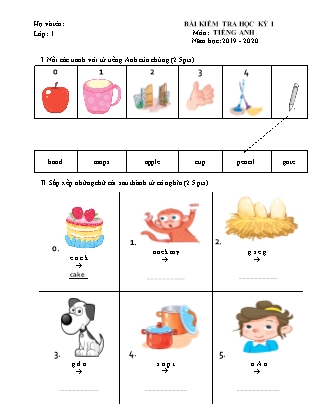 Bài kiểm tra học kỳ I môn Tiếng Anh Lớp 1 + 2 - Năm học 2019-2020