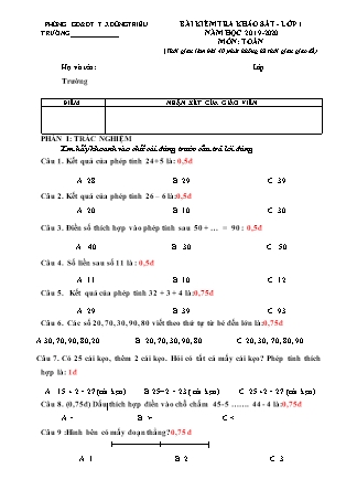 Bài kiểm tra khảo sát môn Toán Lớp 1 - Năm học 2019-2020 - Phòng GD&ĐT Thị xã Đồng Triều