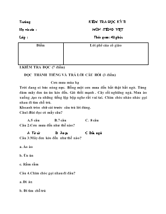 Bài kiểm tra môn Tiếng Việt + Toán Lớp 1 - Học kỳ II