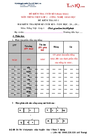 Bộ đề kiểm tra cuối học kỳ I môn Tiếng Việt Lớp 1