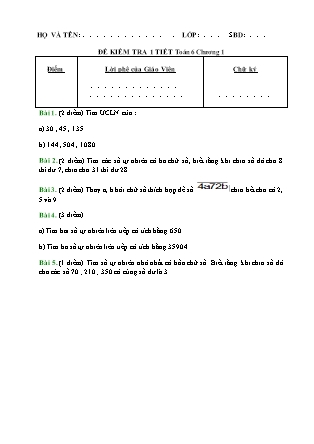 Đề kiểm tra 1 tiết môn Toán Lớp 6 - Chương 1 (Có đáp án)