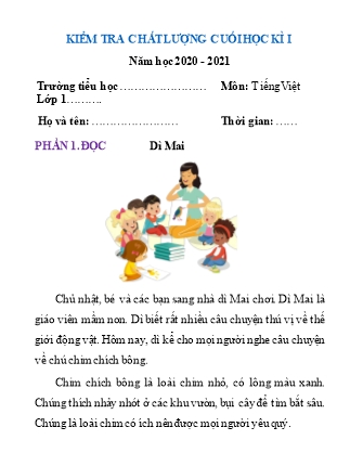 Đề kiểm tra chất lượng cuối học kỳ I môn Tiếng Việt Lớp 1 - Đề 5 - Năm học 2020-2021 (Có đáp án)