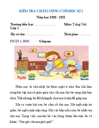 Đề kiểm tra chất lượng cuối học kỳ I môn Tiếng Việt Lớp 1 - Đề 3 - Năm học 2020-2021 (Có đáp án)