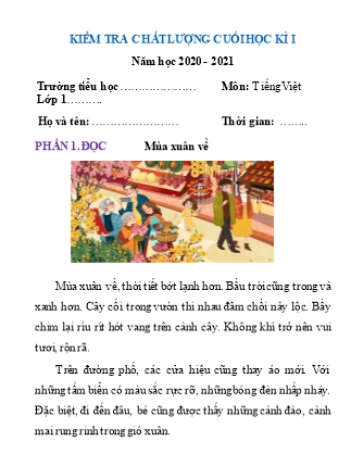 Đề kiểm tra chất lượng cuối học kỳ I môn Tiếng Việt Lớp 1 - Đề 2 - Năm học 2020-2021 (Có đáp án)
