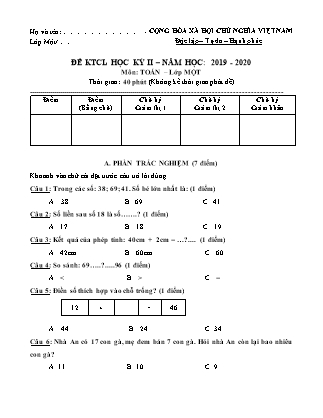 Đề kiểm tra chất lượng môn Toán Lớp 1 - Học kỳ II - Năm học 2019-202 (Có đáp án)