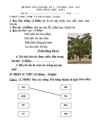 Đề kiểm tra cuối học kỳ I môn Tiếng Việt Lớp 1 - Đề 1 - Năm học 2020-2021 (Có đáp án)