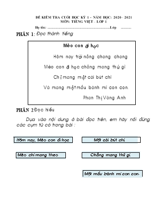 Đề kiểm tra cuối học kỳ I môn Tiếng Việt Lớp 1 - Đề 2 - Năm học 2020-2021 (Có đáp án)