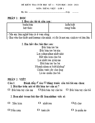 Đề kiểm tra cuối học kỳ I môn Tiếng Việt Lớp 1 - Đề 3 - Năm học 2020-2021 (Có đáp án)