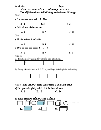 Đề kiểm tra cuối học kỳ I môn Toán Lớp 1 - Năm học 2020-2021