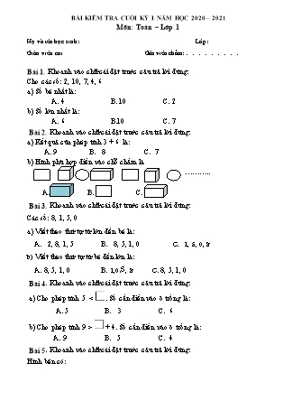 Đề kiểm tra cuối học kỳ I môn Toán Lớp 1 - Năm học 2020-2021