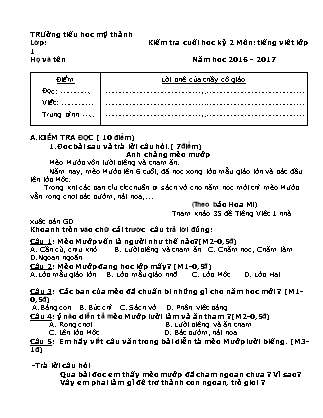 Đề kiểm tra cuối học kỳ II môn Tiếng Việt Lớp 1 - Năm học 2016-2017 - Trường TH Mỹ Thành (Có đáp án)