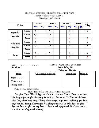 Đề kiểm tra cuối năm học môn Tiếng Việt Lớp 1 - Năm học 2017-2018 (Có ma trận và đáp án)