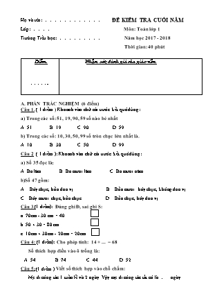 Đề kiểm tra cuối năm môn Toán Lớp 1 - Năm học 2017-2018 (Có đáp án)