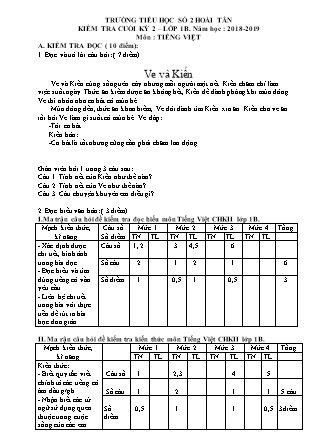 Đề kiểm tra định kỳ cuối học kỳ II môn Tiếng Việt + Toán Lớp 1 - Năm học 2018-2019 - Trường TH Số 2 Hoài Tân (Có đáp án và ma trận)