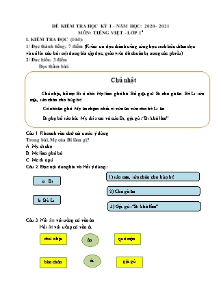 Đề kiểm tra học kỳ I môn Tiếng Việt Lớp 1 - Năm học 2020-2021
