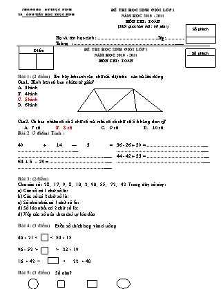 Đề thi học sinh giỏi môn Toán Lớp 1 - Năm học 2010-2011 - Trường TH Trực Bình